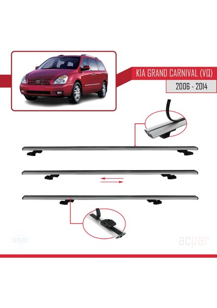 Kia Carnival 2 (Vq) 2006-2014 Arası ile Uyumlu Basıc Model Ara Atkı Tavan Barı Gri 2 Adet indirimleri