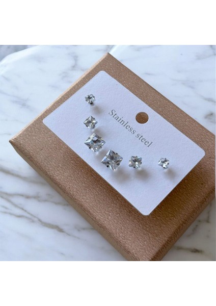 Stainless Üç 3 Çift Kare Şık Günlük Casual Çelik Küpe Seti (10)
