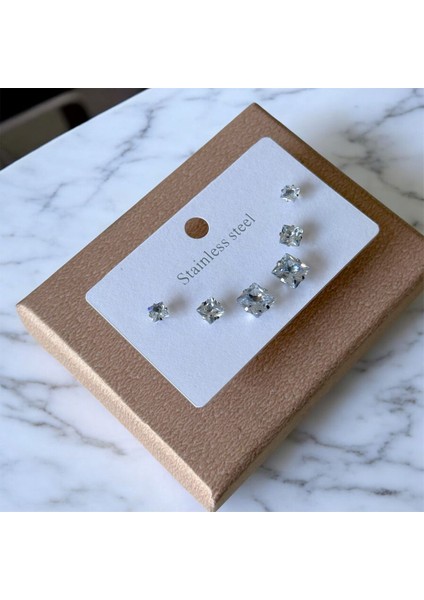Stainless Üç 3 Çift Kare Şık Günlük Casual Çelik Küpe Seti (10) fiyatları