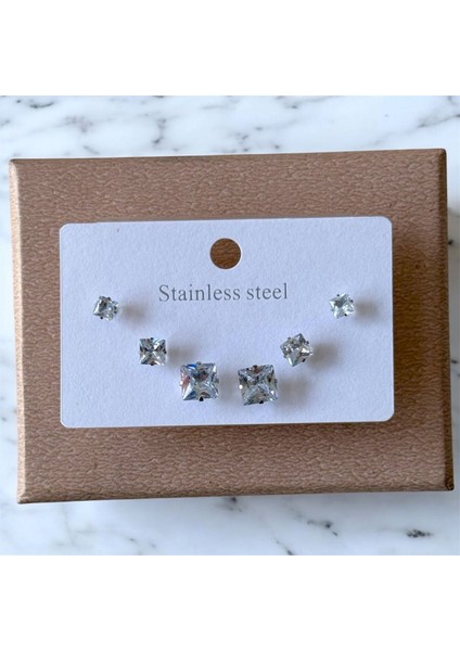 Stainless Üç 3 Çift Kare Şık Günlük Casual Çelik Küpe Seti (10) modelleri