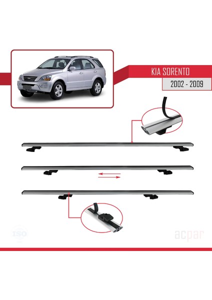 Kia Sorento (Bl) 2002-2009 Arası ile Uyumlu Basıc Model Ara Atkı Tavan Barı Gri 3 Adet indirimleri