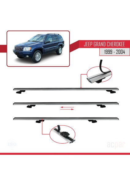 Jeep Grand Cherokee 2 (Wj) 1999-2004 Arası ile Uyumlu Basıc Model Ara Atkı Tavan Barı Gri 3 Adet