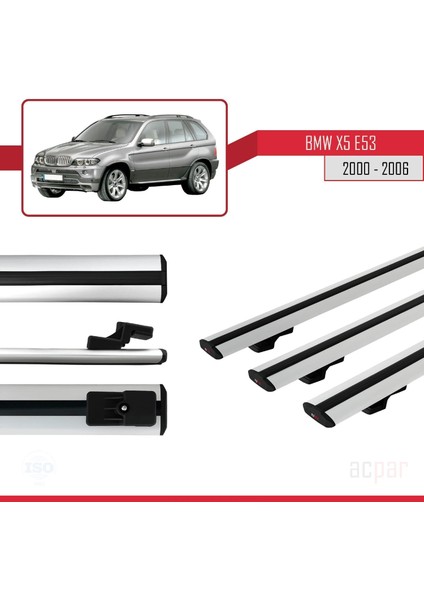 Bmw X5 (E53) 2000-2006 Arası ile Uyumlu Basıc Model Ara Atkı Tavan Barı Gri 3 Adet