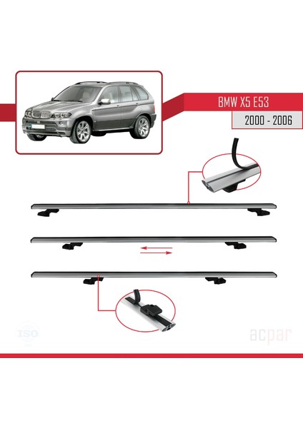 Bmw X5 (E53) 2000-2006 Arası ile Uyumlu Basıc Model Ara Atkı Tavan Barı Gri 3 Adet