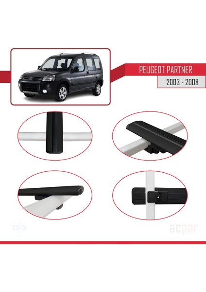 Peugeot Partner Post-Facelift 2003-2008 Arası ile Uyumlu Basıc Model Ara Atkı Tavan Barı Siyah 2 Adet