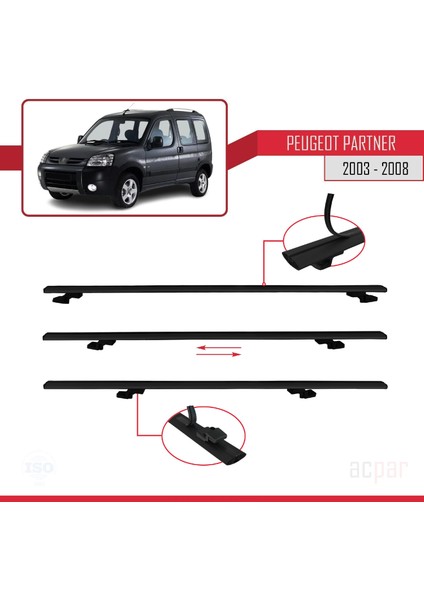 Peugeot Partner Post-Facelift 2003-2008 Arası ile Uyumlu Basıc Model Ara Atkı Tavan Barı Siyah 2 Adet