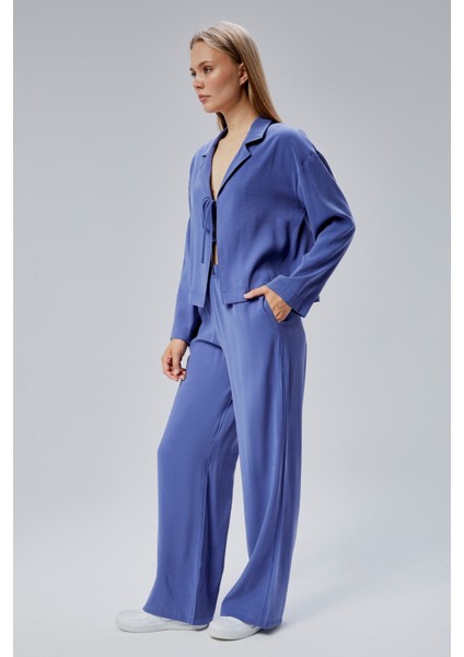 Indigo Beli Lastikli Bol Paça Pantolon modelleri