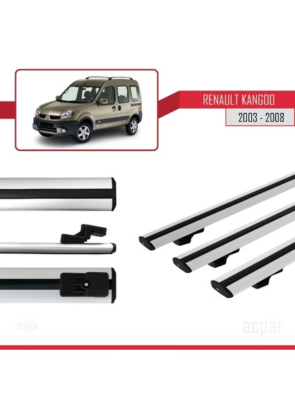 Renault Kangoo (X76) Post-Facelift 2003-2008 Arası ile Uyumlu Basıc Model Ara Atkı Tavan Barı Gri 3 Adet