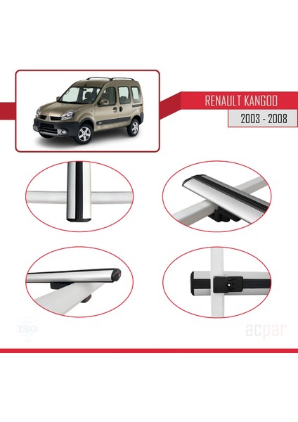 Renault Kangoo (X76) Post-Facelift 2003-2008 Arası ile Uyumlu Basıc Model Ara Atkı Tavan Barı Gri 3 Adet