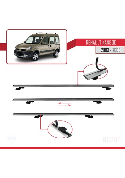 Renault Kangoo (X76) Post-Facelift 2003-2008 Arası ile Uyumlu Basıc Model Ara Atkı Tavan Barı Gri 3 Adet