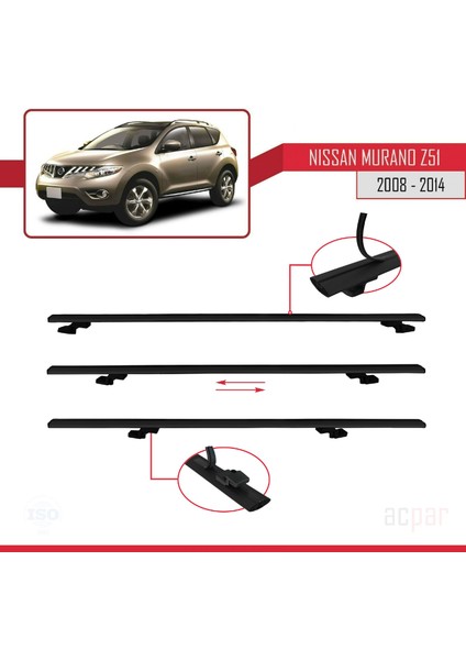 Nissan Murano 2 (Z51) 2008-2014 Arası ile Uyumlu Basıc Model Ara Atkı Tavan Barı Siyah 2 Adet