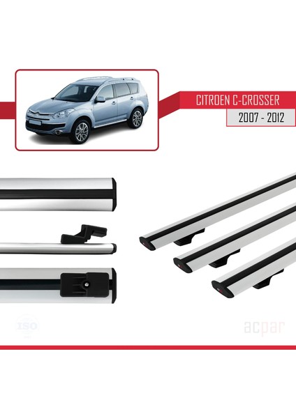Citroen C-Crosser 2007-2012 Arası ile Uyumlu Basıc Model Ara Atkı Tavan Barı Gri 3 Adet