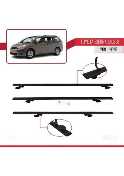 Toyota Sienna 3 (XL30) 2011-2020 Arası ile Uyumlu Basıc Model Ara Atkı Tavan Barı Siyah 2 Adet