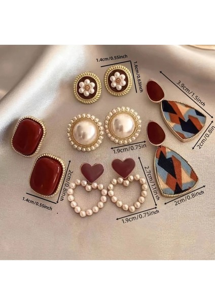 Velvet 5 Çift Kadife Dokulu Inci Taşlı Kalp Figürlü Sallantılı Tasarım Vintage Çoklu Lüks Küpe Seti
