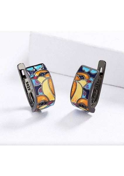 Glaze Bird El Yapımı Emaye 925 Ayar Gümüş Özel Tasarım Siyah Spinel Kuş Etnik Küpe indirimleri