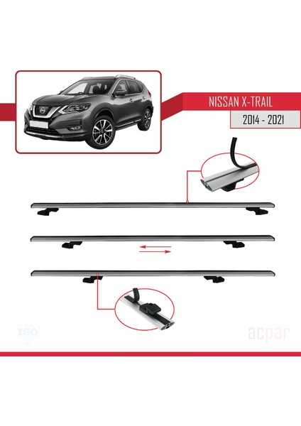 Nissan X-Trail 3 (T32) 2014-2021 Arası ile Uyumlu Basıc Model Ara Atkı Tavan Barı Gri 3 Adet indirimleri
