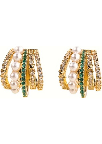 Radiess Altın Renkli Yeşil Kristal Taşlı Incili Tasarım Deliksiz Gold Kulak Kepçesi Klipsi Küpesi modelleri