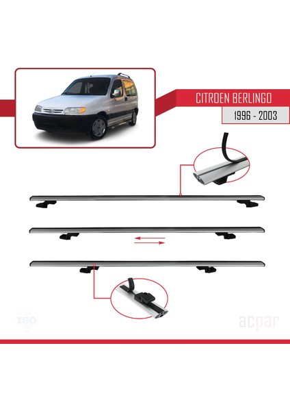 Citroen Berlingo (M49) 1996-2003 Arası ile Uyumlu Basıc Model Ara Atkı Tavan Barı Gri 3 Adet