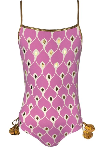 Askılı Ikat Desenli Gold Gül Detaylı Bağcıklı Pembe 50UV Kız Çocuk Mayo By Nessi Byrd