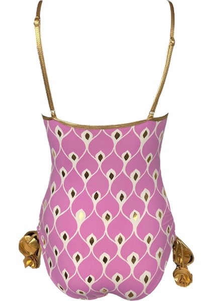 Askılı Ikat Desenli Gold Gül Detaylı Bağcıklı Pembe 50UV Kız Çocuk Mayo By Nessi Byrd fiyatları