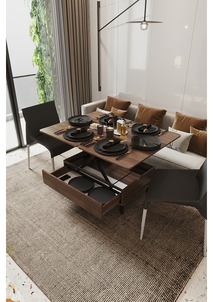 Nino Çekmeceli Akıllı Sehpa Tekerli Ayaklı Yemek Masası Çalışma Masası Ceviz Renk