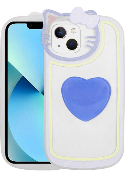 iPhone 13 Kılıf Kedi Figürlü Transparan Pop Soketli Mbtm Ritmik Kapak-Mavi