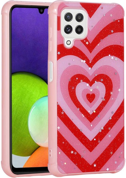 Galaxy M32 Kılıf Simli Desenli Kamera Korumalı Parlak Mbtm Popy Kapak-Kalp