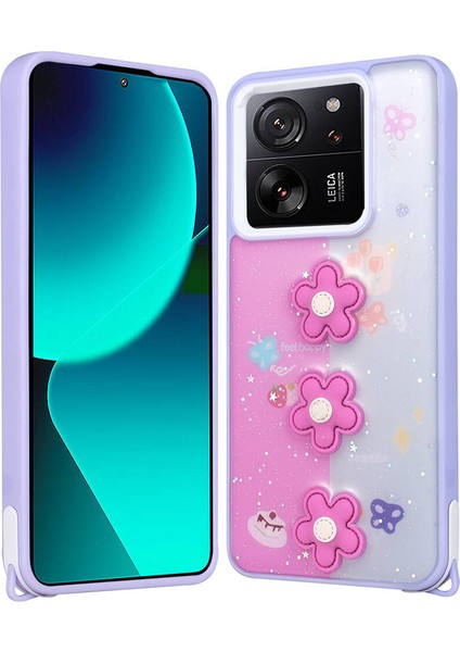 Xiaomi Mi 13T Kılıf Parlayan Sıvılı Simli Kabartma Figürlü Mbtm Cevze Kapak-Mor Papatya