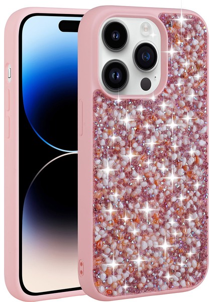 iPhone 14 Pro Uyumlu Parlak Taşlı Tasarım Mbtm Linea Kapak-Pembe