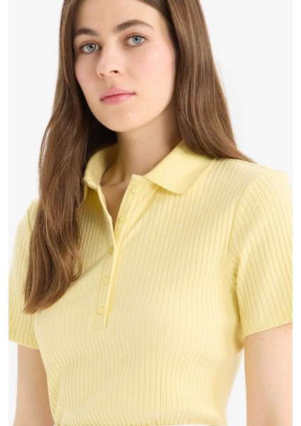 Yeni Sezon Slim Fit Dar Kesim Fitilli Kaşkorse Kısa Kollu Polo Sarı Tişört