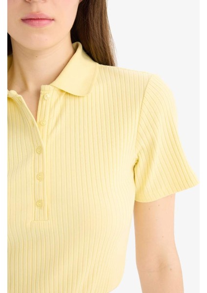 Yeni Sezon Slim Fit Dar Kesim Fitilli Kaşkorse Kısa Kollu Polo Sarı Tişört indirimleri