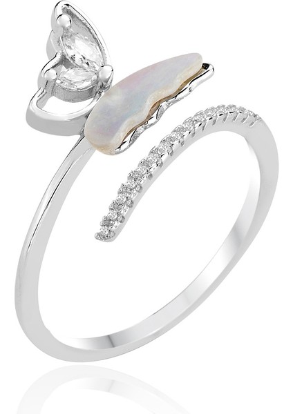 Gümüş Rodyumlu Sedef ve Zirkon Taşlı Üstten Ayarlanabilir Kelebek Yüzük