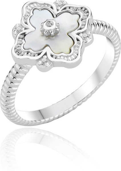 Gümüş Rodyumlu Sedef ve Zirkon Taşlı Ay Işığı Yonca Yüzük