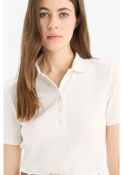 Yeni Sezon Slim Fit Dar Kesim Fitilli Kaşkorse Kısa Kollu Polo Beyaz Tişört