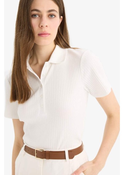 Yeni Sezon Slim Fit Dar Kesim Fitilli Kaşkorse Kısa Kollu Polo Beyaz Tişört fırsatları