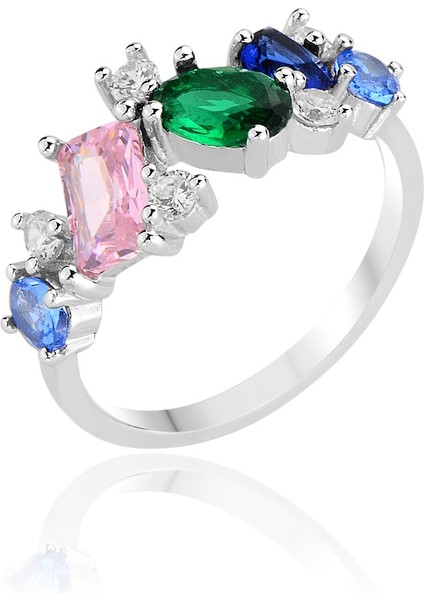 Gümüş Rodyumlu Renkli Zirkon Taşlı Asimetrik Işıltı Yüzük