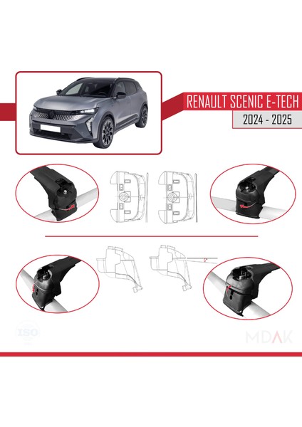 Renault Scenic E-Tech 2024-2025 Arası ile Uyumlu Ace-2 Ara Atkı Tavan Barı Siyah 2 Adet