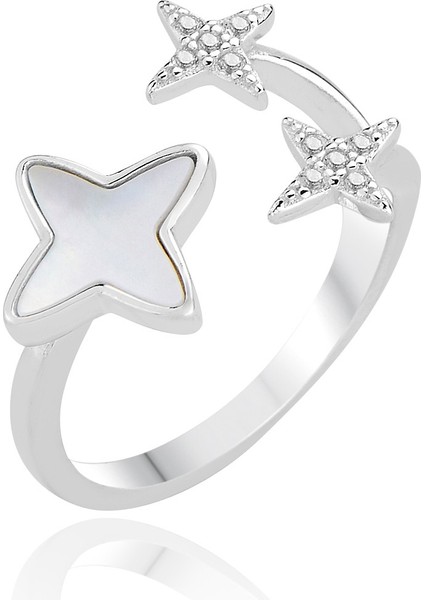 Gümüş Rodyumlu Sedef ve Zirkon Taşlı Üstten Ayarlanabilir Yonca Yıldızı Yüzük