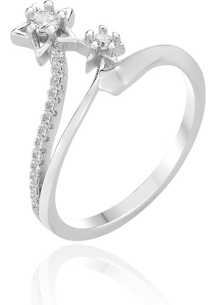 Gümüş Rodyumlu Zirkon Taşlı Dilek Yıldızı Üstten Ayarlanabilir Yüzük