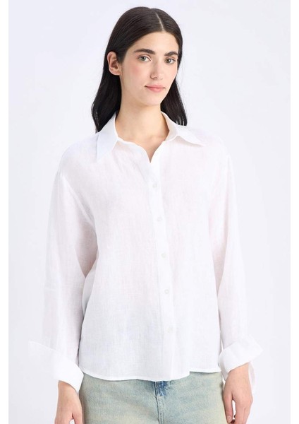 Yeni Sezon %100 Keten Oversize Geniş Kalıp Uzun Kollu Beyaz Gömlek fırsatları