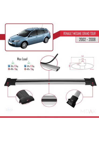 Renault Megane Grand Tour 2002-2008 Arası ile Uyumlu Fly Model Ara Atkı Tavan Barı Gri 3 Adet modelleri