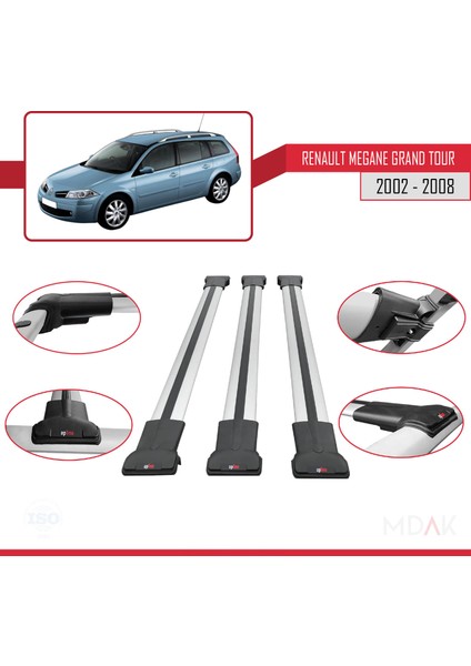 Renault Megane Grand Tour 2002-2008 Arası ile Uyumlu Fly Model Ara Atkı Tavan Barı Gri 3 Adet fırsatları