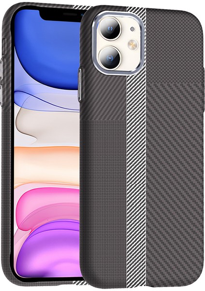 iPhone 11 Kılıf Magsafe Şarj Özellikli Karbon Fiber Görünümlü Mbtm Gros Kapak - Gri-Siyah