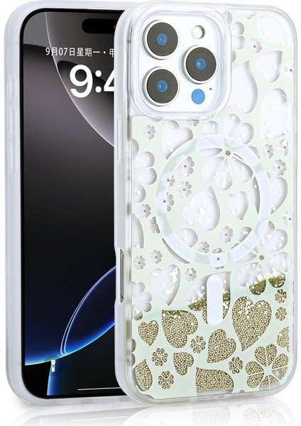 iPhone 16 Pro Max Uyumlu Kılıf Sıvılı Simli Baskılı Şeffaf Arka Yüzey Mbtm Mossa Silikon Kapak-Gold