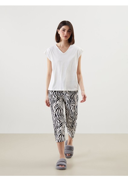 Yeni Sezon V Yaka Desenli Kadin Kaprili Pijama Takimi - S5CD36Z8