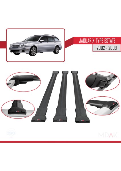Jaguar X-Type Estate 2002-2009 Arası ile Uyumlu Fly Model Ara Atkı Tavan Barı Siyah 3 Adet fırsatları
