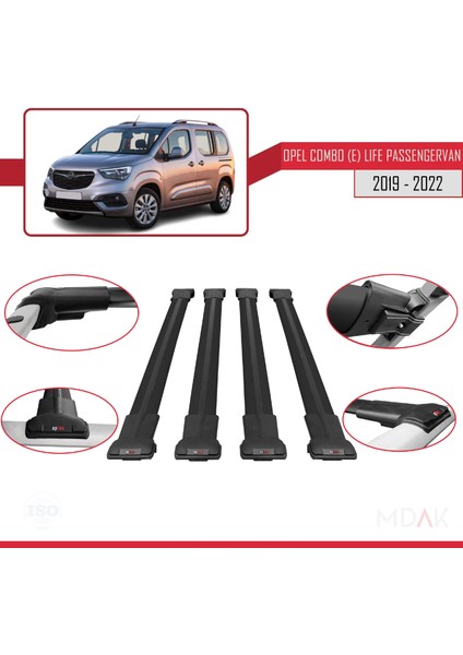 Opel Combo E Life 2019-2022 Arası ile Uyumlu Fly Model Ara Atkı Tavan Barı Siyah 4 Adet fırsatları