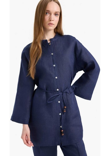 Yeni Sezon %100 Keten Regular Fit Bağcıklı Uzun Kollu Tesettür Gömlek Tunik