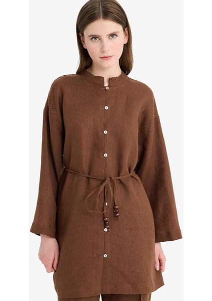 Yeni Sezon %100 Keten Regular Fit Bağcıklı Uzun Kollu Tesettür Gömlek Tunik
