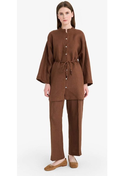 Yeni Sezon %100 Keten Regular Fit Bağcıklı Uzun Kollu Tesettür Gömlek Tunik fiyatları